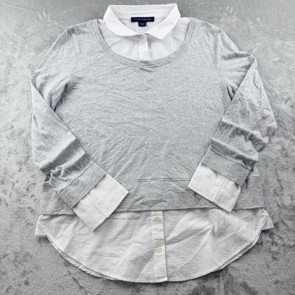 Tommy Hilfiger 2-in-1 Layered Women's Large Sweater Shirt Gray White 1218172